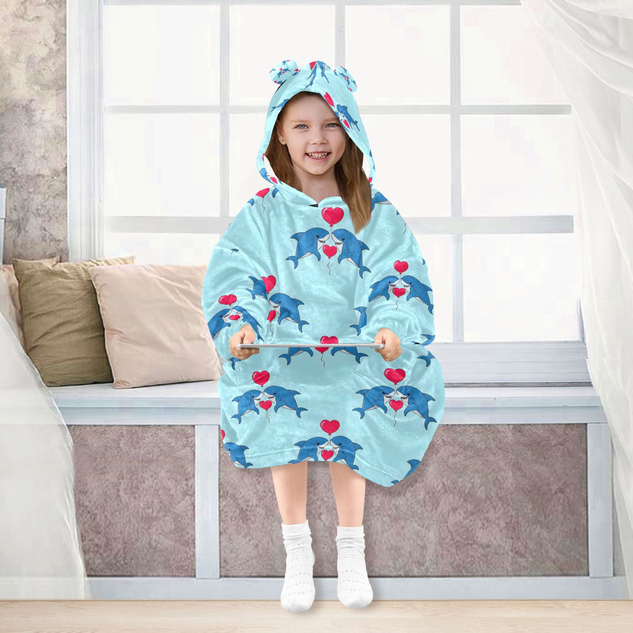 joogoo Blanket Hoodie for Shark and Hearts Oversize Sweatshirt 3-14 YR L