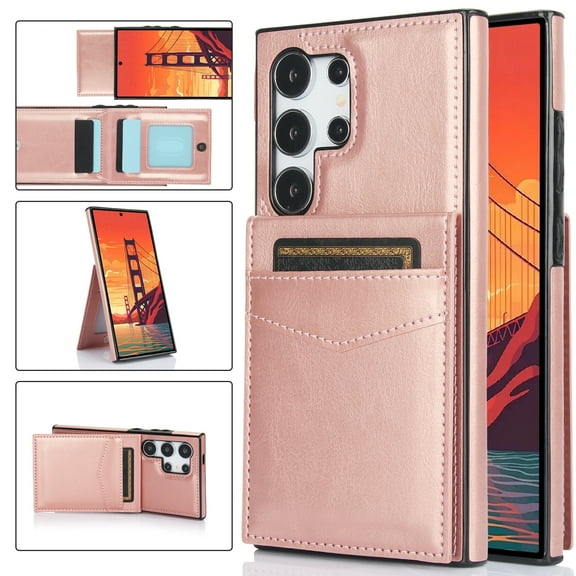 Compatible with Samsung Galaxy S24 Ultra Case Wallet with Credit Card Holder, Premium PU Leather Magnetic Clasp Kickstand Heavy Duty Protective Shock Absorbing Phone Cover for S24 Ultra, Rosegold