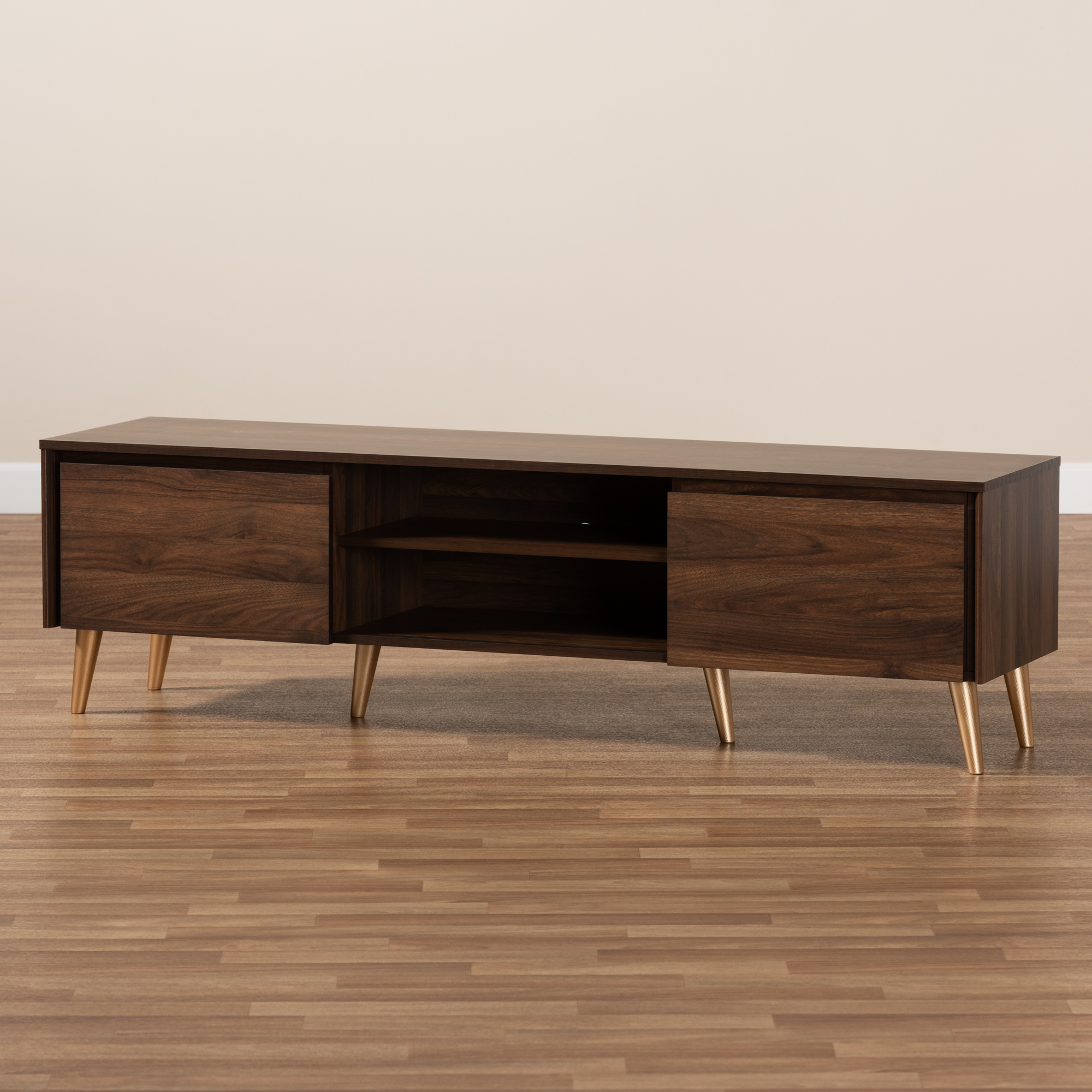 Baxton Studio Landen Mid-Century Modern Walnut Brown and Gold Finished Wood TV Stand