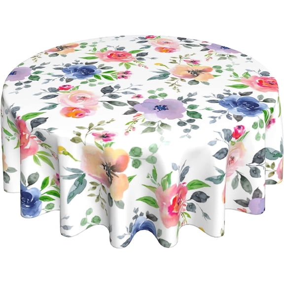 Spring Floral Leaf Round Tablecloth 60 inch Summer Flower Table Cloths Cover Mat Spill Proof Table Covers for Kitchen Party Dinner Tabletop Decoration