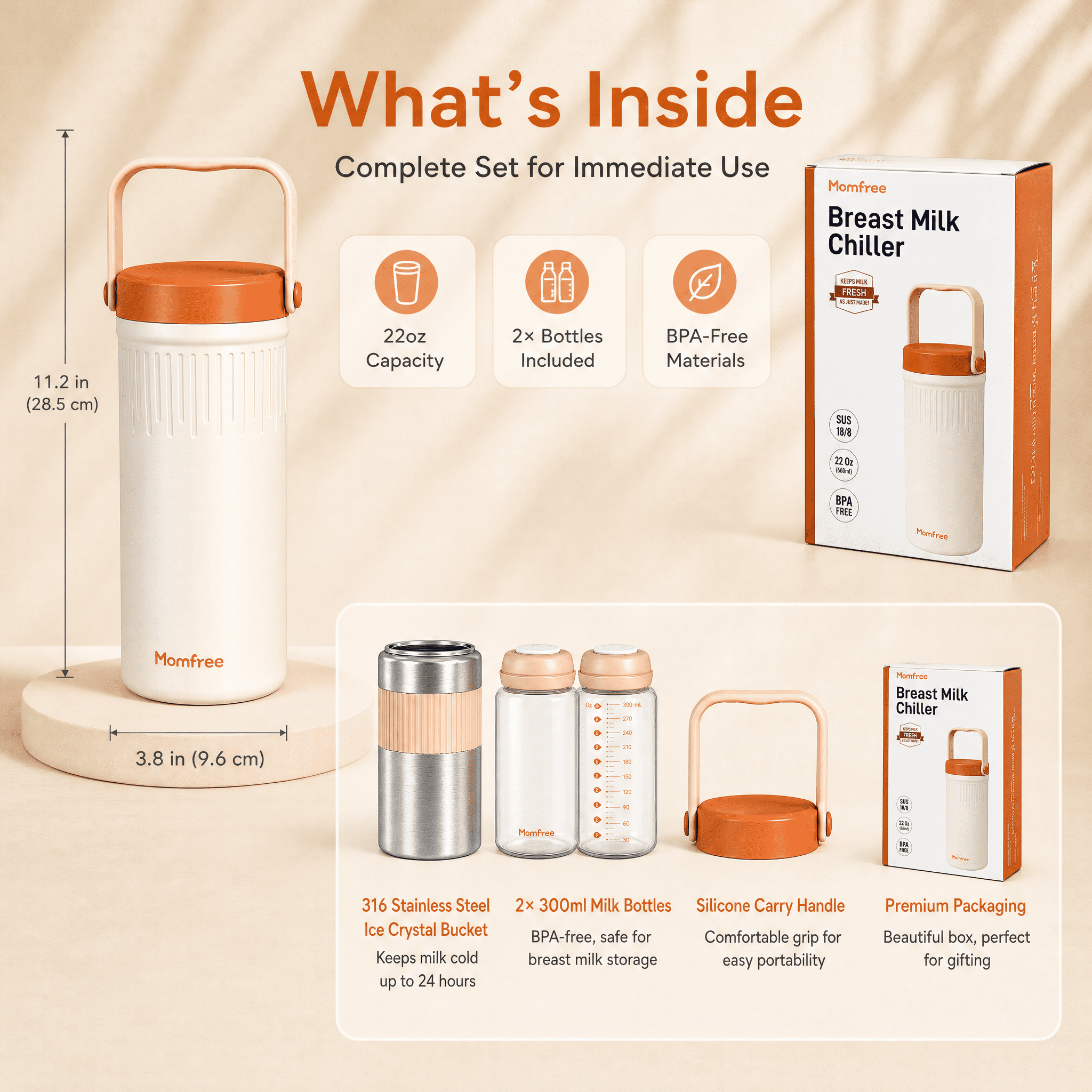 Momfree 22oz Portable Breast Milk Cooler, 24H 360° Continuous Cooling, Stainless Steel Breastmilk Chiller with 2 BPA-Free Bottles for Travel