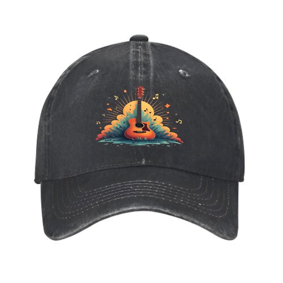 Vintage Cotton Washed Distressed Baseball Cap - Colorful Guitar Graphic Design with Musical Notes & Stars - Adjustable Golf Dad Hat for Men & Women
