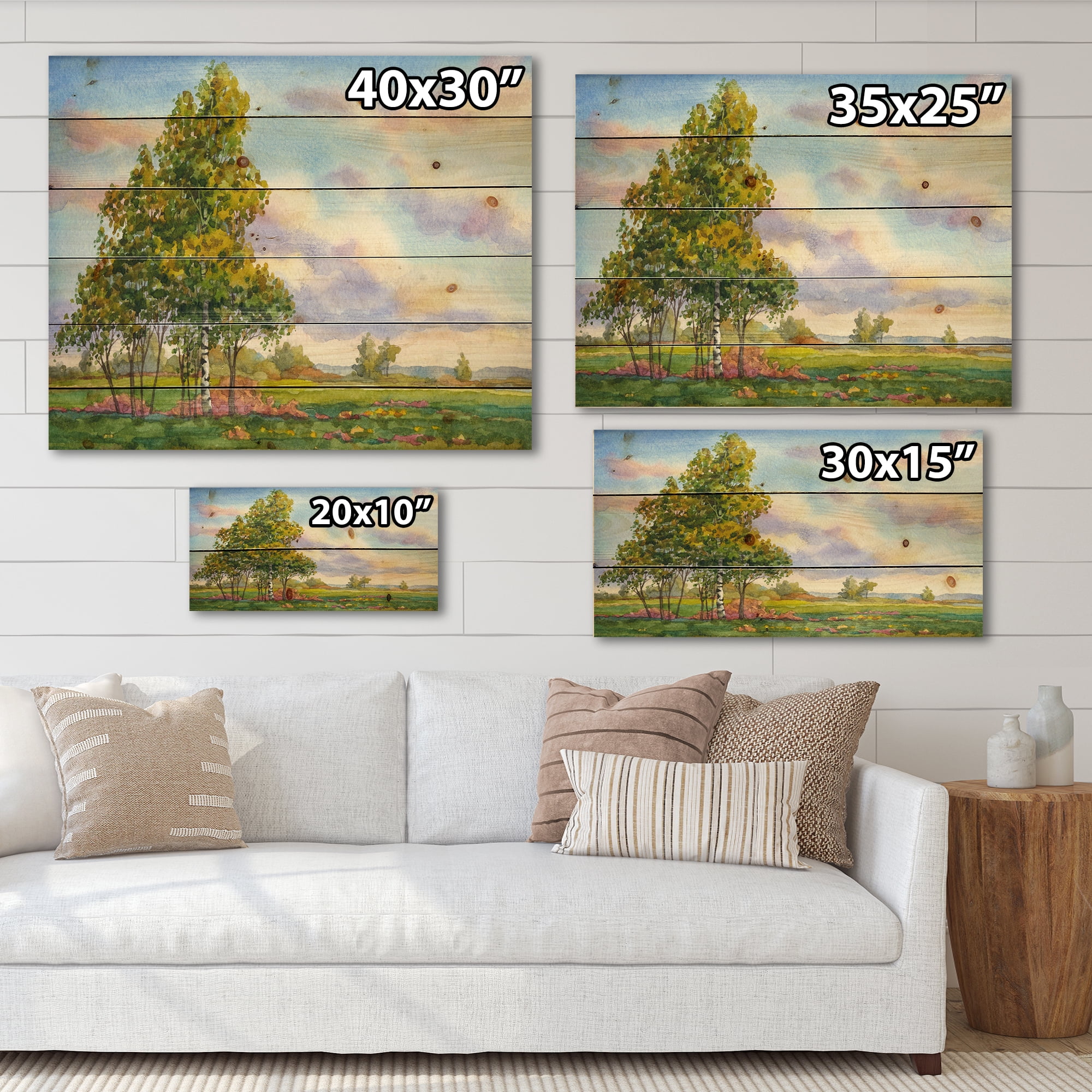 Designart 'The Trees In The Evening Landscape Field ' Traditional Print on Natural Pine Wood