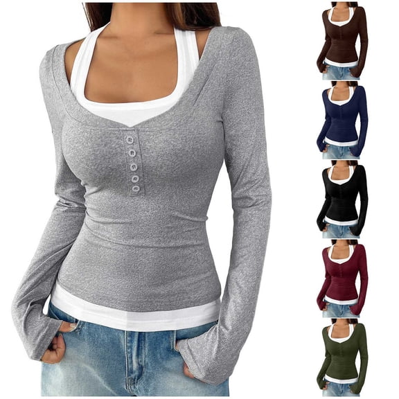 FRSASU Women's Long Sleeve Shirts Fake Two-Piece Camisole Button Slim Fitted T Shirts Fashion Going Out Tops Wine