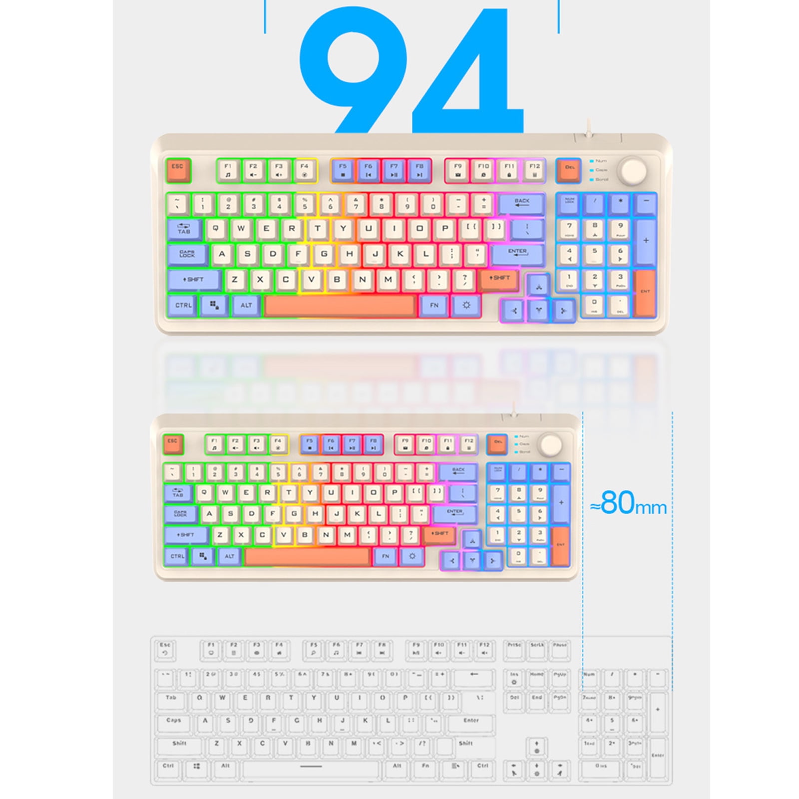Portable 94 Keys Mechanical Gaming Keyboard Cord Hot Swappable LED Backlit Keycap Mechanical Keyboard for Desktop