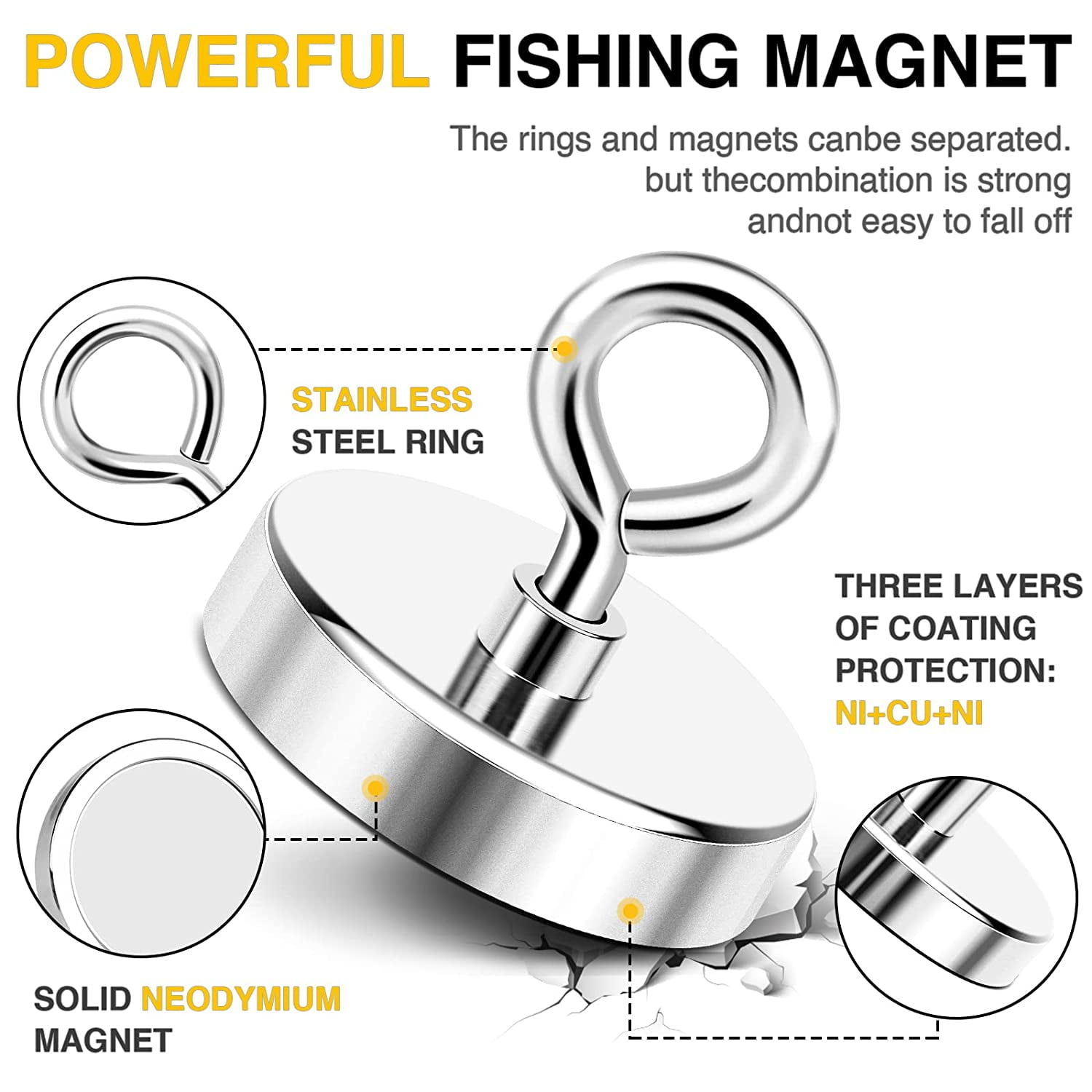 DIYMAG Neodymium Fishing Magnets, 200 lbs(90kg) Pulling Force Rare Earth  Magnet with Countersunk Hole Eyebolt Diameter 1.75 inch(44mm) for  Retrieving in River and Magnetic Fishing 
