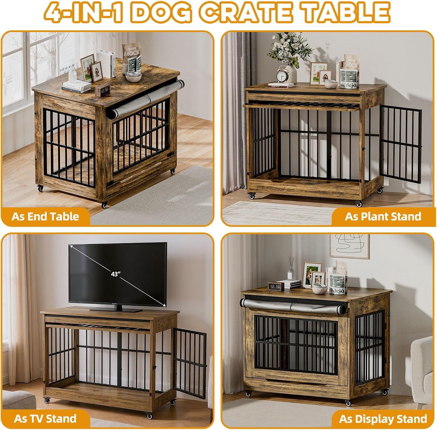 42" Wooden Dog Crate Furniture with Double Door, Lockable Wheels & Blackout Curtain, Decorative Indoor Pet Kennel End Table for Large Breed Dogs, Rustic Brown