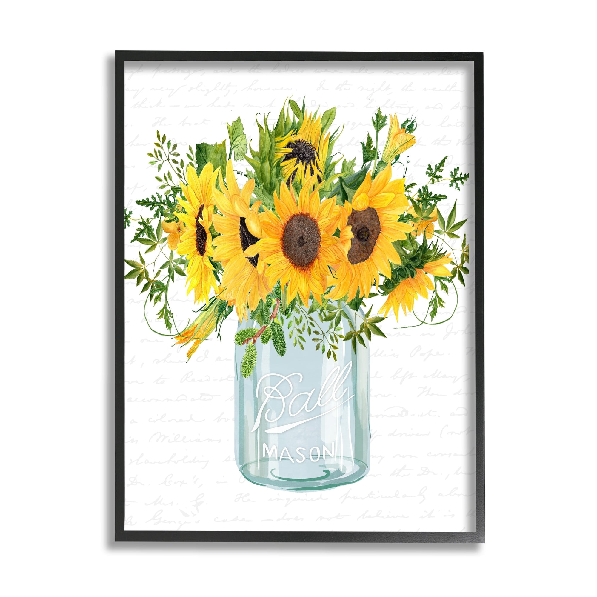 Stupell Industries Country Sunflowers Bouquet Vintage Script Text Pattern Graphic Art Black Framed Art Print Wall Art, Design by Lettered and Lined