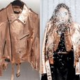 thumbnail image 3 of Noora New Women's Lambskin Rose Gold  Leather Belted Biker Jacket With Black Zipper & Snap | Shiny Leather Jacket  SU0852, 3 of 11