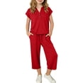 thumbnail image 6 of Girls Tracksuit Full Set 2 Piece - Kids Shorts Sleeve Loose T Shirts And rousers with Pockets Sets, Casual Solid Color Co Ord Outfit, Summer Tees Y2K Streetwear, School Clothes Red 7-8 Years, 6 of 7