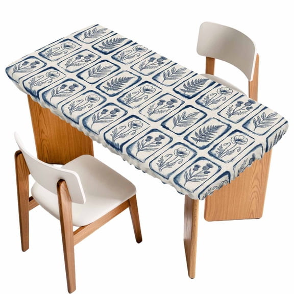 Vintage Floral Table Cloths for 3 Foot Rectangle Tables, Country Tie-dye Flowers Plants Blue Beige Patio Waterproof Elastic Fitted Tablecloths, Washable Rectangular Table Cover for Camping