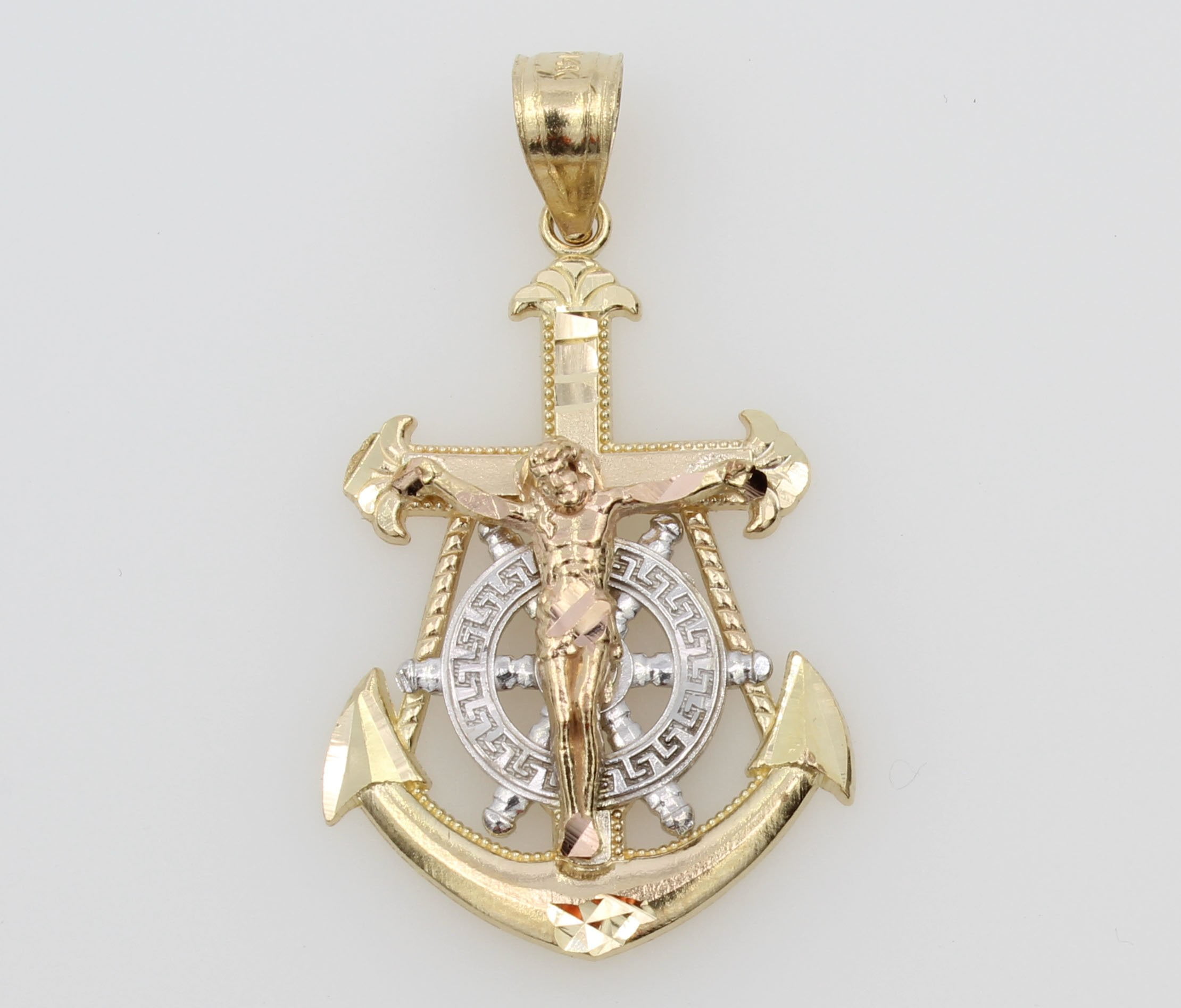14K Real 3 Color Yellow White Rose Gold Jesus Crucifix Anchor Charm ...
