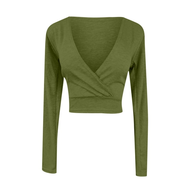 Timegard Hauts de Sortie pour Femmes Col en V Profond Manches Longues Hauts Courts Confortables Automne Décontracté T-Shirt Ajusté Hauts