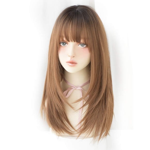 URCGTSA Peluca de pelo largo y liso de 22 pulgadas, de color negro a miel, peluca natural sintética con flequillo, peluca de cosplay para fiesta para mujeres (de negro a miel)