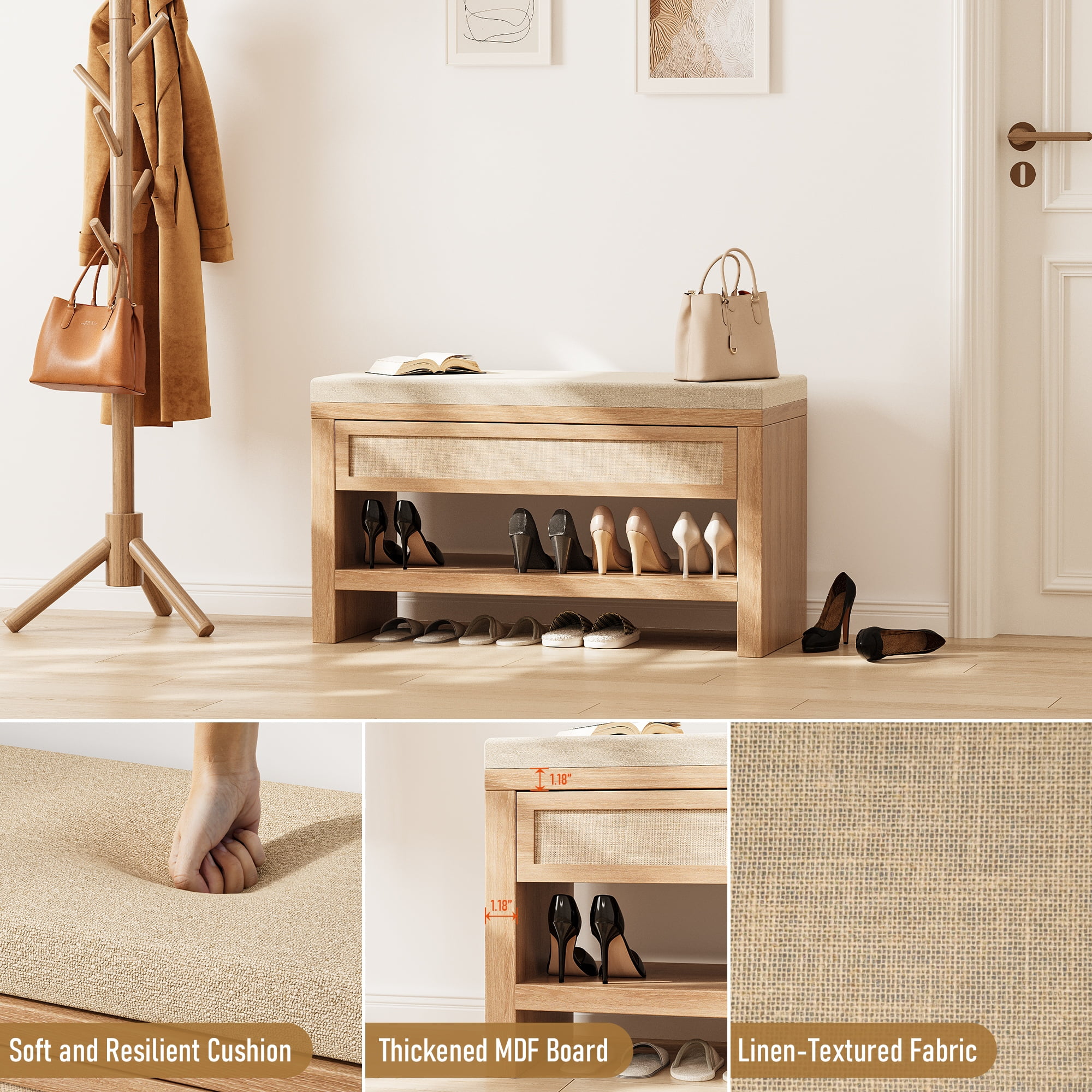 32" Shoe Bench With Storage Drawer, Farmhouse Entryway Bench With Seat Cushion & Shelf, Wooden Shoe Rack Organizer For Hallway, Living Room, Bedroom – Rustic Oak