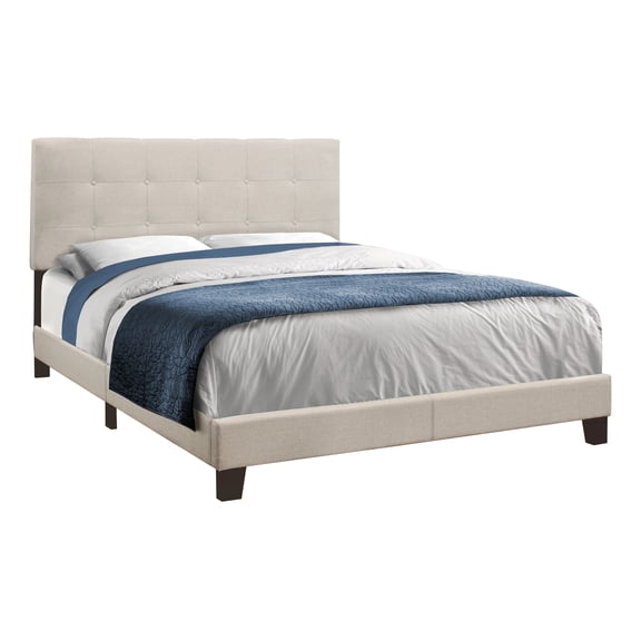 Bed, Queen Size, Bedroom, Upholstered, Beige Linen Look, Black Wood Legs, Transitional