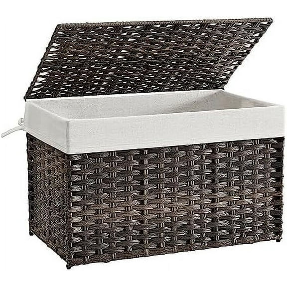 Storage Basket with Lid, Woven Blanket Storage Bin with Handles, Foldable, Removable Liner, Metal Frame, for Bedroom, Laundry Room, 27.7 Gallons (105 L), Brown URST066K01