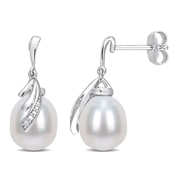 AMOUR 8-8.5mm Freshwater Cultured Pearl and Diamond Accent Feather Earrings In Sterling Silver