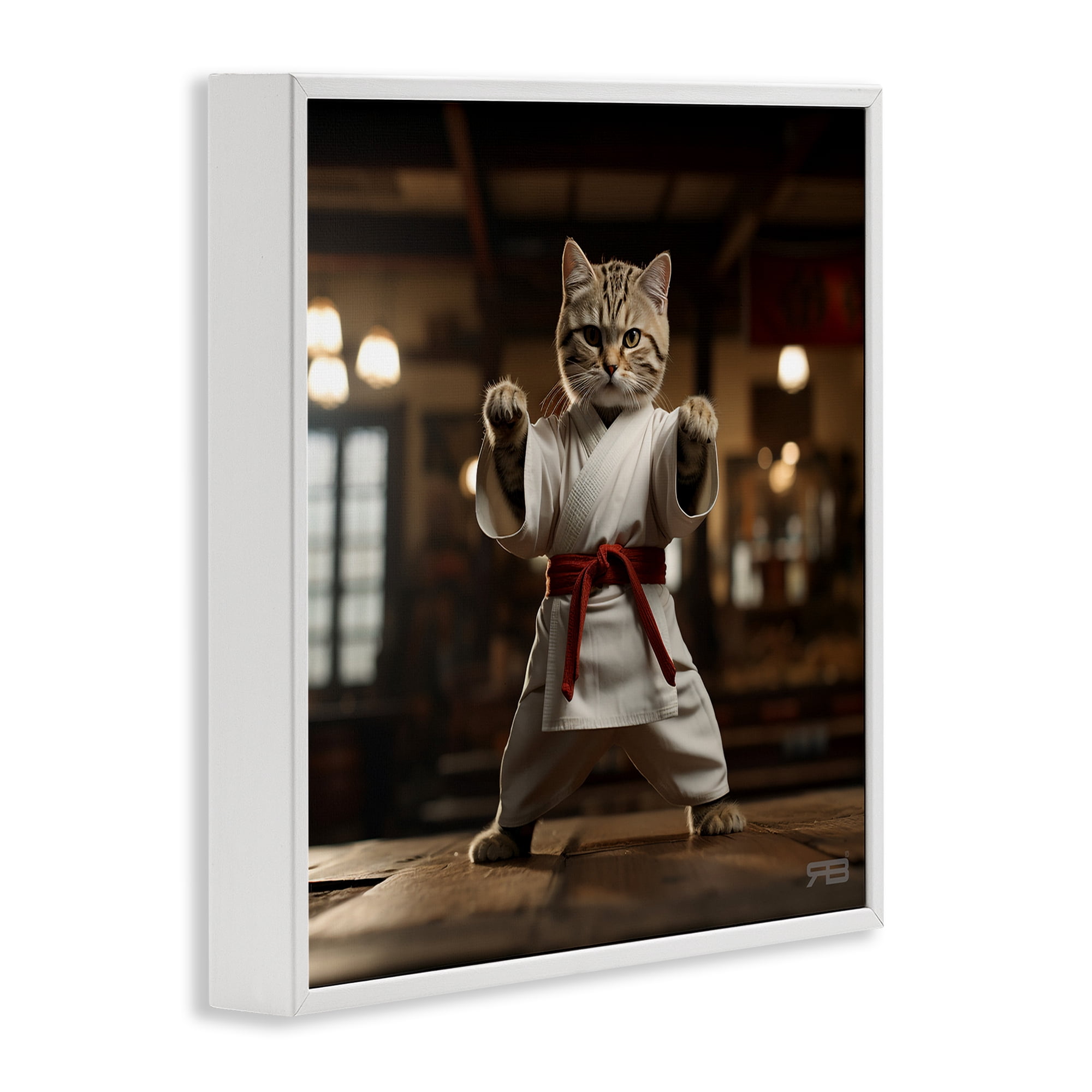 Stupell Industries Martial Arts Cat Novelty Painting White Framed Art Print Wall Art, 24 x 24