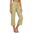 thumbnail image 3 of Wide Leg Capri Pants for Women High Waisted Cotton Linen Summer Pants Casual Drawstring Cropped Trousers with Pockets Khaki 2XL, 3 of 5