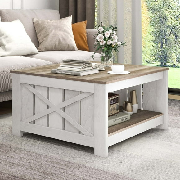 DEXTRUS Coffee Table with Storage, Square Wood Farmhouse Coffee Table with Barn Door for Living Room, Grey Wash