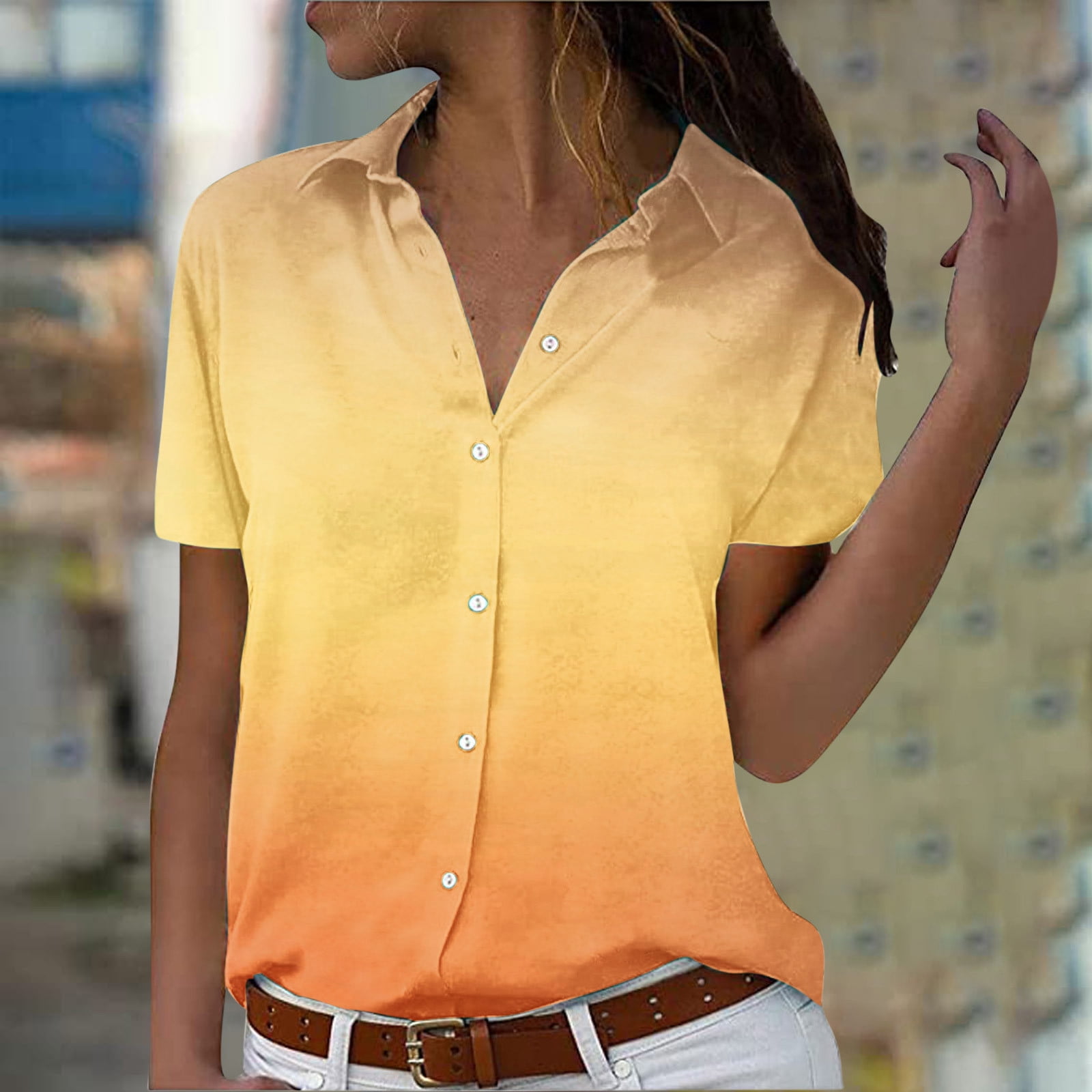 Sakmal Summer Tops for Women Yellow Short Sleeve V-Neck
