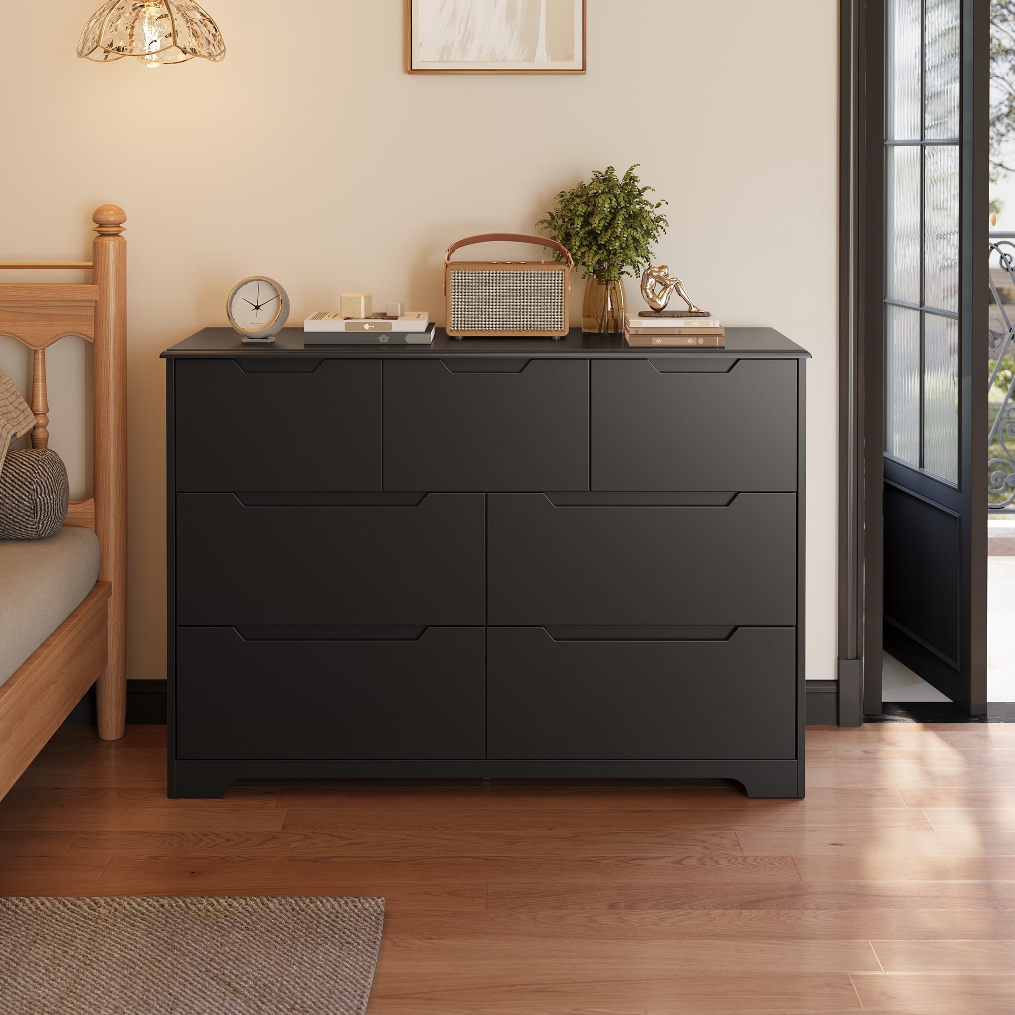 47" Wide Modern Dresser, Lofka 7-Drawer Storage with Thick Top & 14" Deep Drawers (3 Small + 4 Large), Smooth Glide, No-Handle Design, Easy Assembly, Anti-Tip, Black