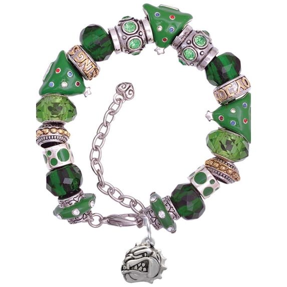 Silvertone Small Bulldog - Mascot Green Christmas Bead Bracelet