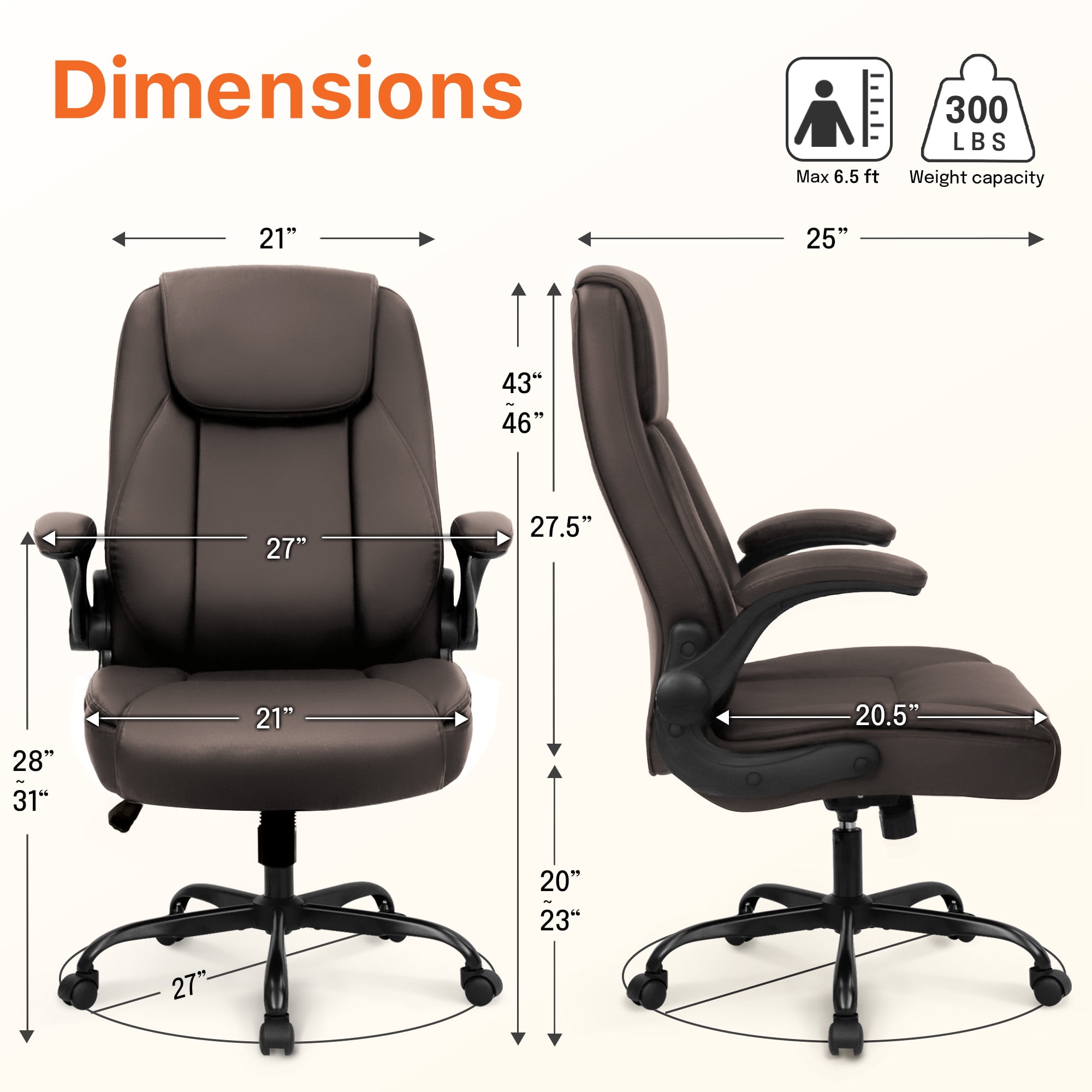 NEO CHAIR Executive Office Chair, Ergonomic High back Cushioned, Wide Leather Seat 8 Hours Heavy Duty Design, Flip Up Armrest Computer Desk Chair, Brown