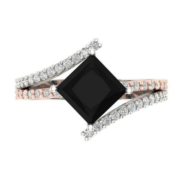 2.3075 ctw Solitaire with Zirconia Diamond Accents Anniversary Ring for Women | Princess Cut Natural Onyx | Hyperallergenic Solid 14K White/Rose Gold