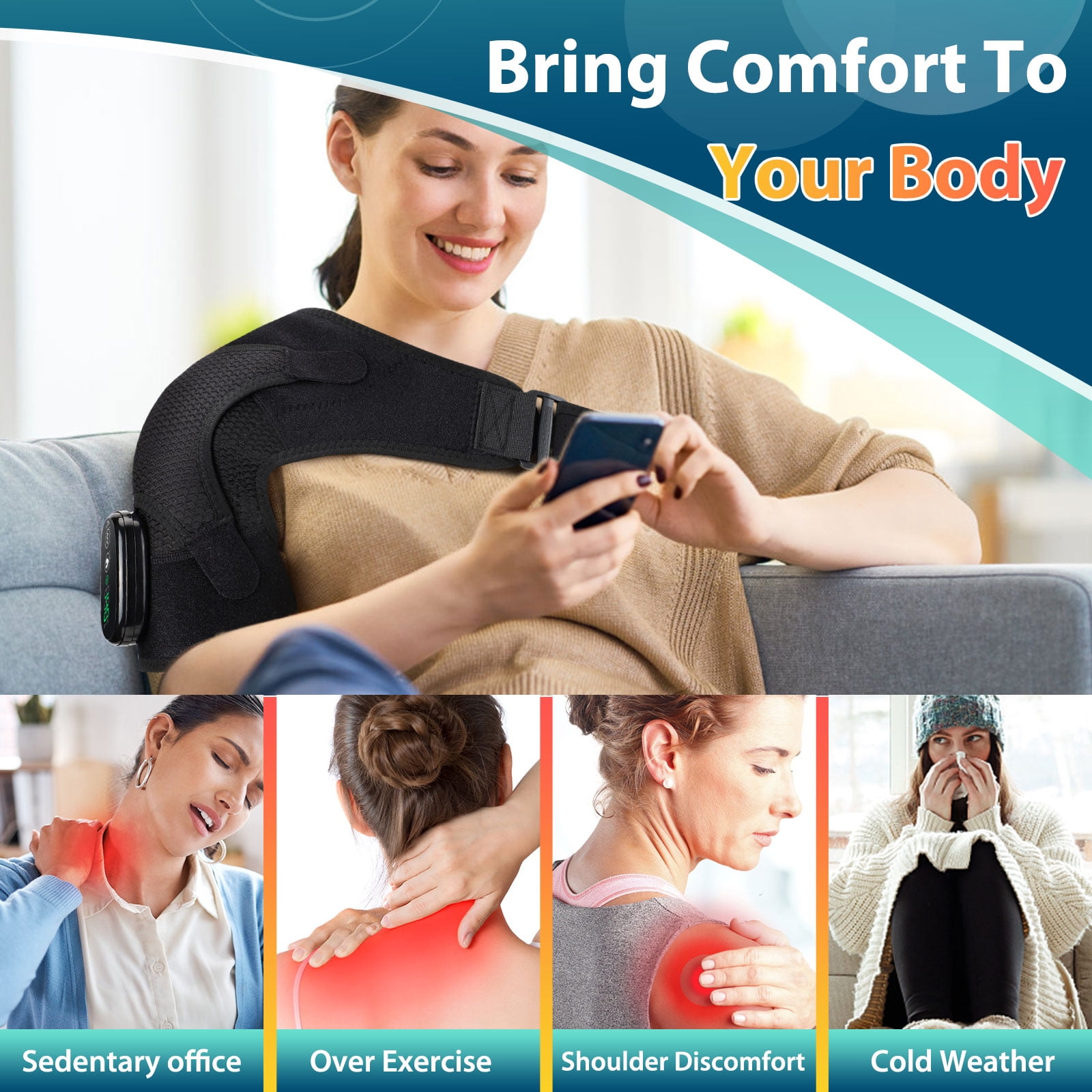 Shoulder Heating Pad Touch Screen Controller Heated Shoulder Wrap, Smart Shoulder Brace Massager for Muscle Fatigue and Pain