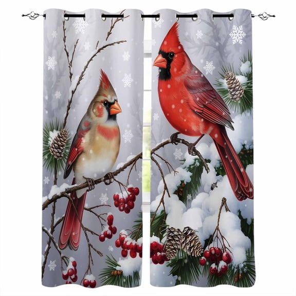 Christmas Cardinal Blackout Curtains for Bedroom/Living Room, Thermal Insulated Kitchen Curtains, Winter Farmhouse Red Bird Berry Needle Grommet Darkening Window Treatment Drapes 52"x72"x2