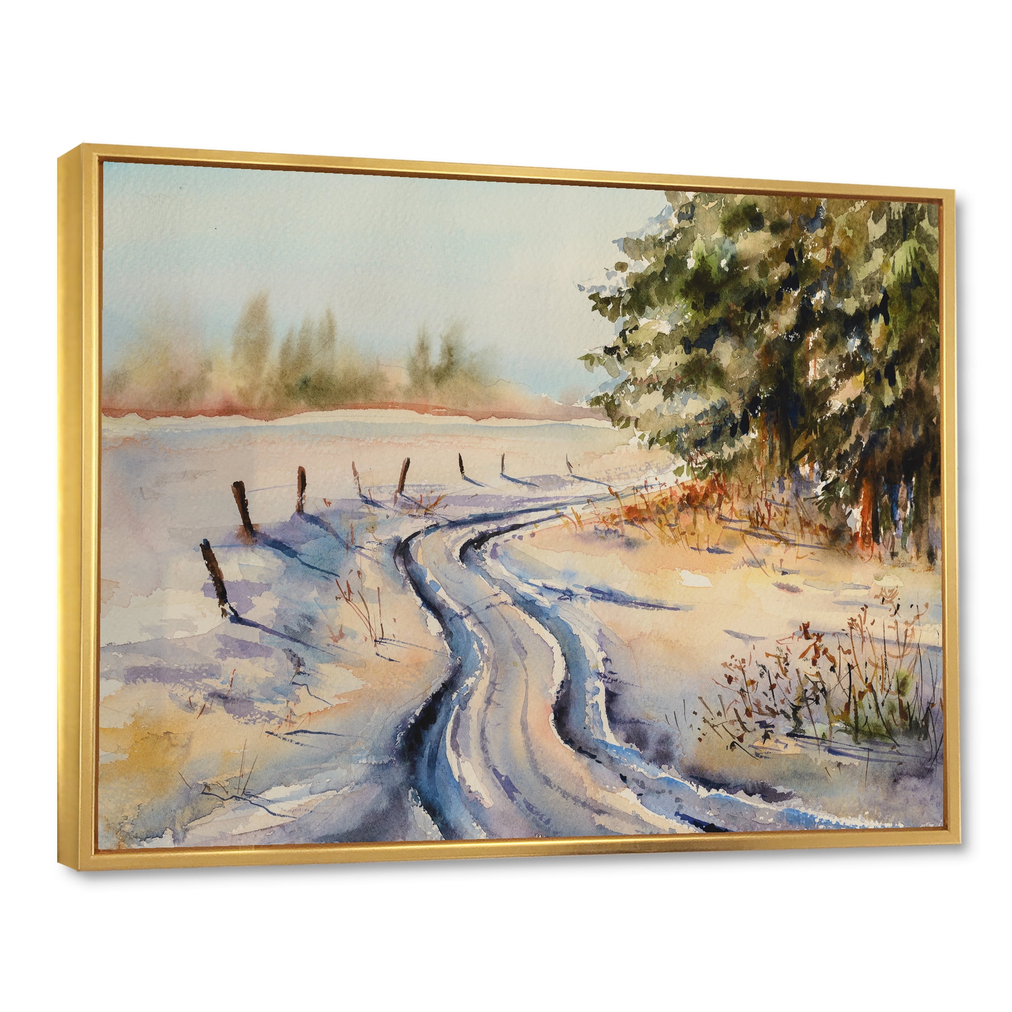 Designart 'Snowy Winter Forest Landscape Rural Road In Snow' Traditional Framed Canvas Wall Art Print