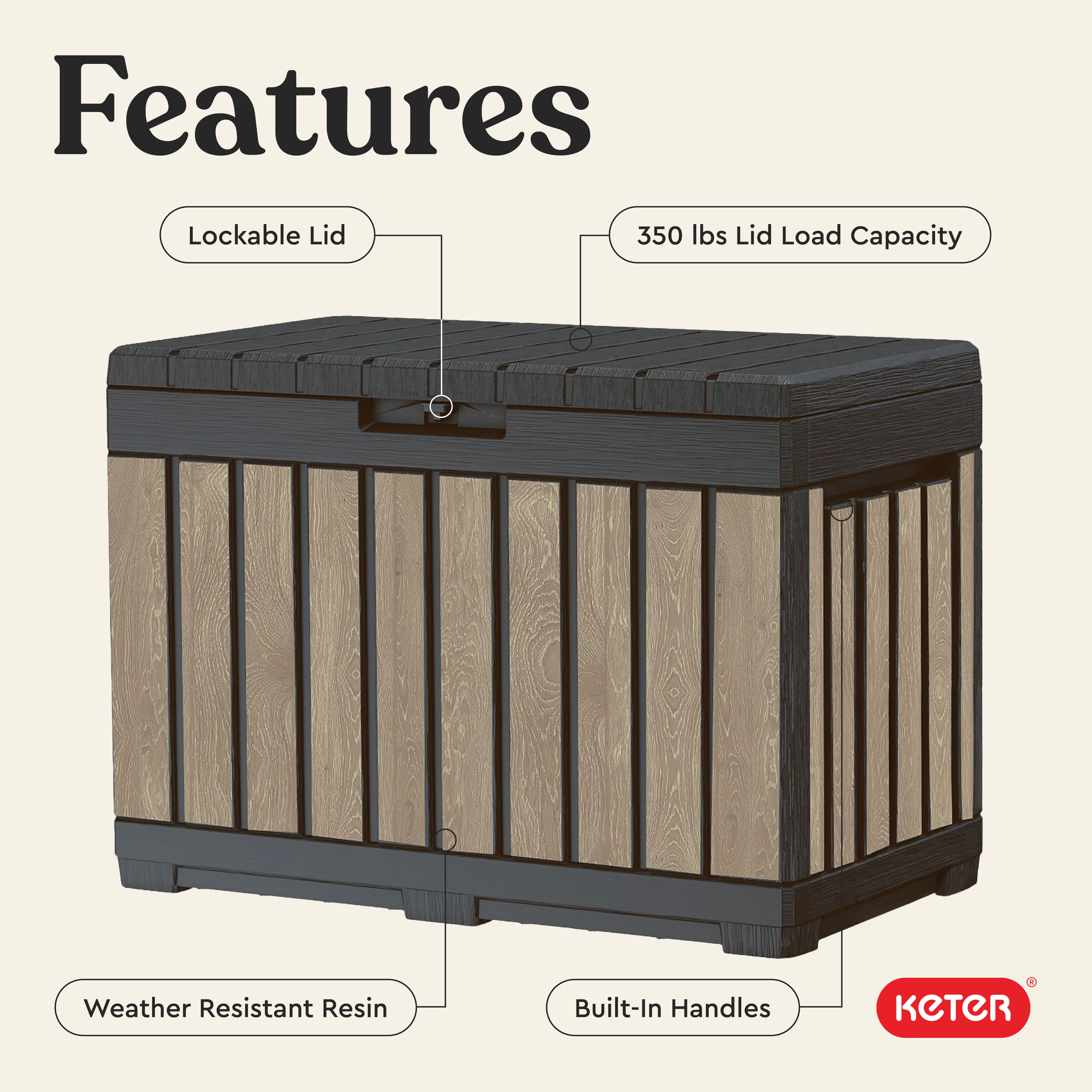 Keter Kentwood 50 Gallon Resin Deck Box-Organization and Storage for Patio Cushions, Throw Pillows and Garden Tools, Ashwood
