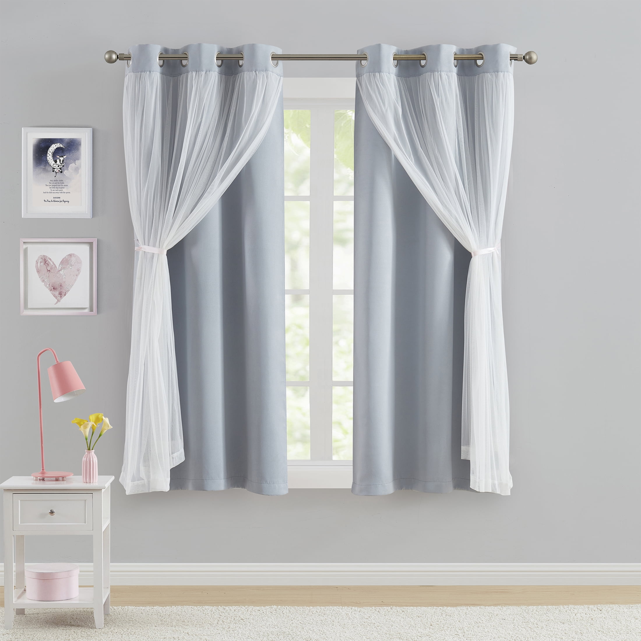 (2 pack) Your Zone Blackout Curtain Panel with Sheer Overlay, 1 Panel, Grey, 37" W x 63" L