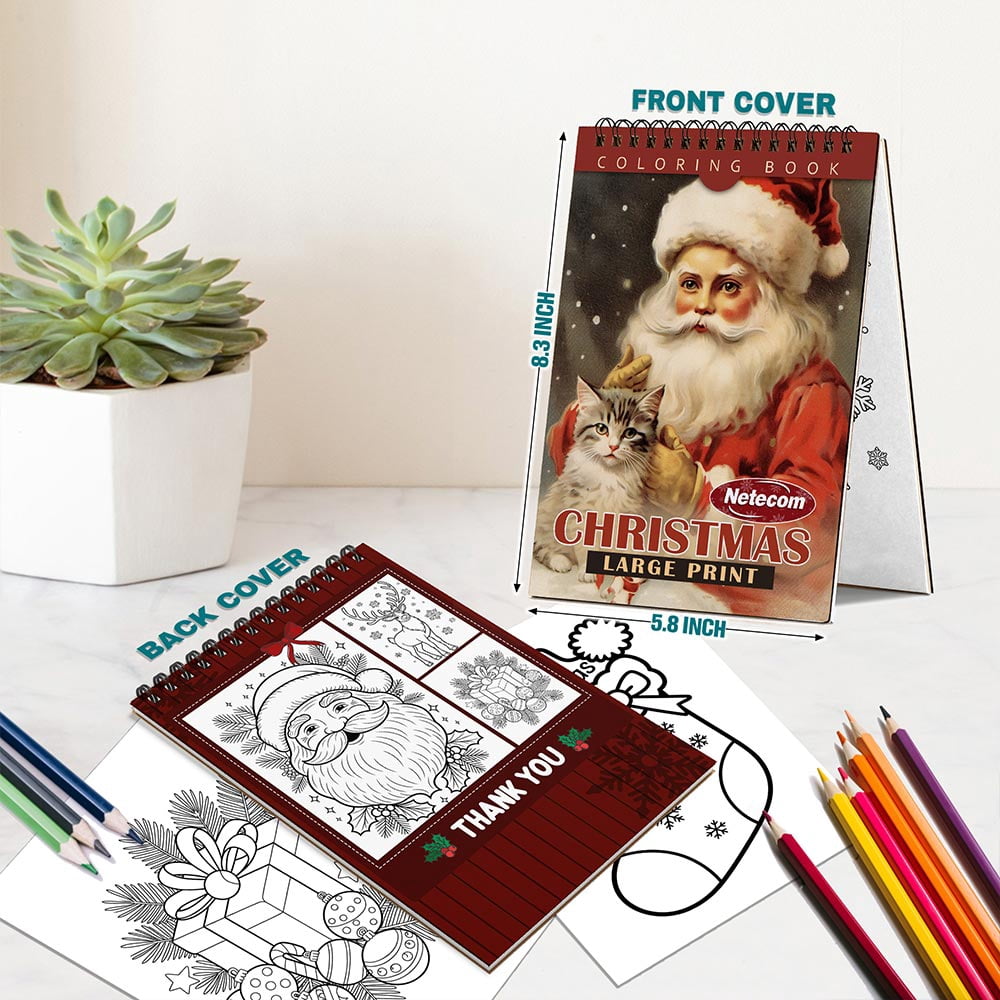 Netecom Large Print Christmas Coloring Book Spiral Bound for Adults, A5 Wooden Cover, 30 Elegant Coloring Pages of Cute Decorating the Christmas Tree for Stress Relief and Relaxation