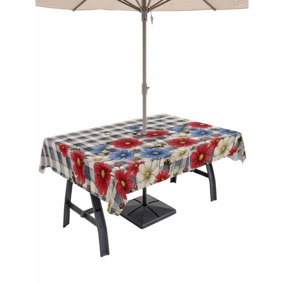 Outdoor Tablecloth with Umbrella Hole for Patio/Picnic/Party/Camping, Red Blue Floral Waterproof Table Cloth Rectangle Table Cover Washable, Independence Day Flowers Black Buffalo Plaid (60"x 84")