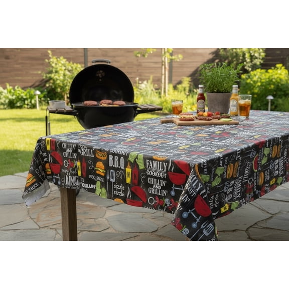 Serafina Home Summer Fun Chillin' and Grillin' Cookout BBQ Vinyl Flannel Back Tablecloth (52" x 70" Square)