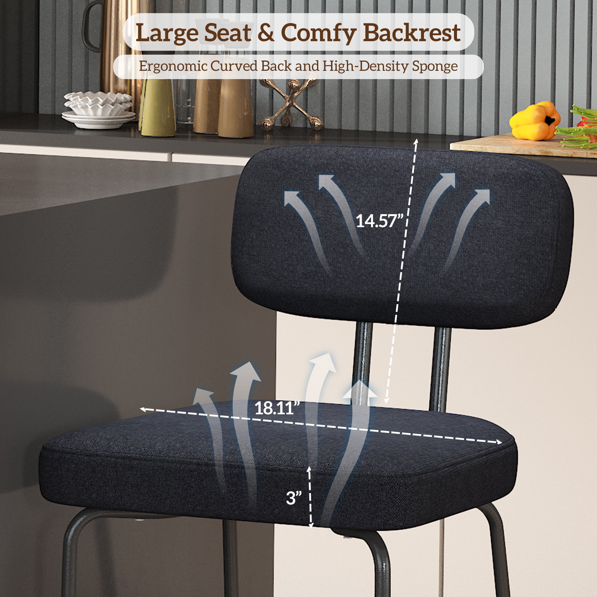 HomeZeer Counter Height Bar Stool Chairs Set of 4, 26" Kitchen Island Barstools with Back and Footrest, Square Line Fabric Upholstered Bar Chair ,Black