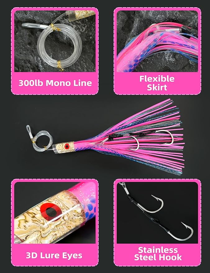 BLUEWING 15in Big Game Trolling Lure with Double Rigged Hookset and 300lb High Strength Fishing Line Saltwater Fishing Lures for Wahoo Tuna Marlin Mahi Mahi Pink/Blue