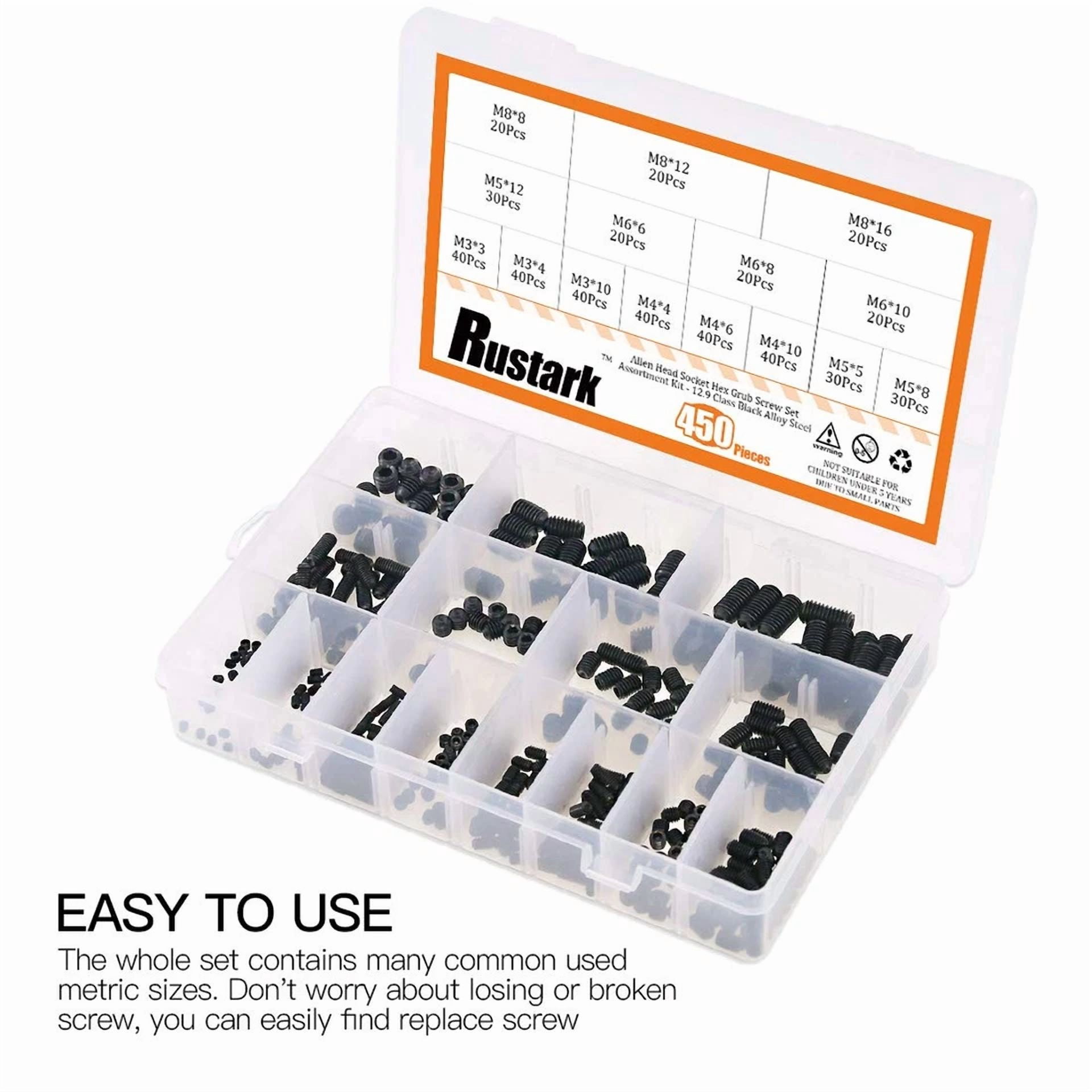 CIRCLE- 450Pcs M3/M4/M5/M6/M8 Allen Head Socket Hex Grub Screw Set Assortment Kit With I