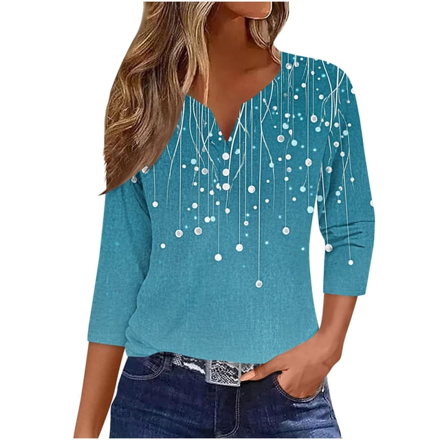 Blusas para las Mujeres Casual Impreso 3/4 Mangas Cuello en V Botón de Ocio Top Blusa Tops para las Mujeres