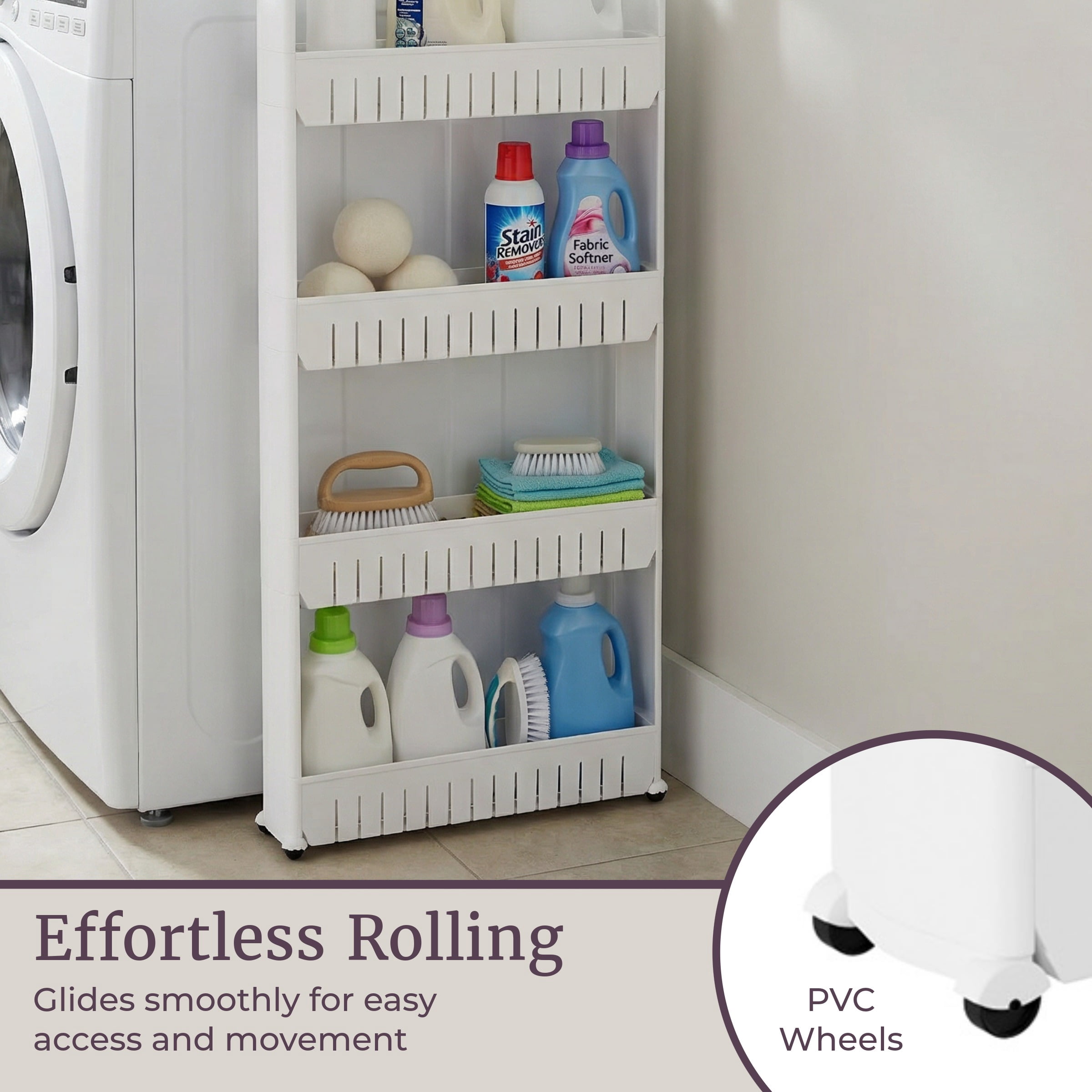 Everyday Home Mobile Plastic Shelving Unit Organizer, 4 Storage Baskets, Slim Slide Out Pantry