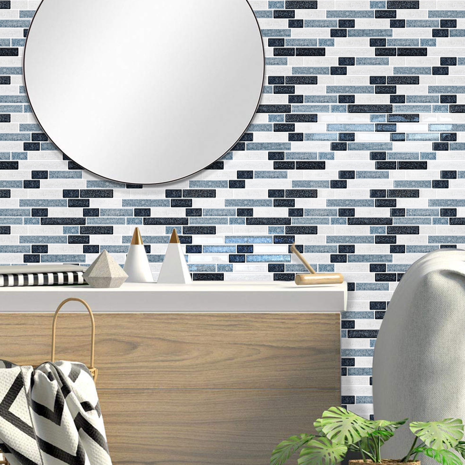 DEWOO Peel and Stick on Self Adhesive Backsplash Wall Marble Tiles Stickers 3D for Kitchen Bathroom,Dark Blue (10-Sheet, 12"×12")