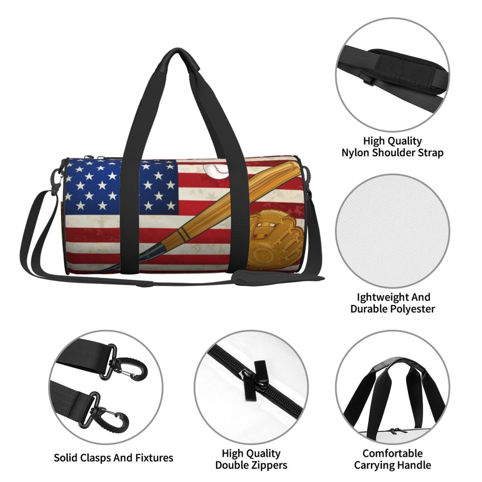 Horeoi American Flag And Baseball Print Foldable Travel Duffle Bag with Removable Strap - Water-Resistant Gym Vacation Luggage Multi-Pocket Design