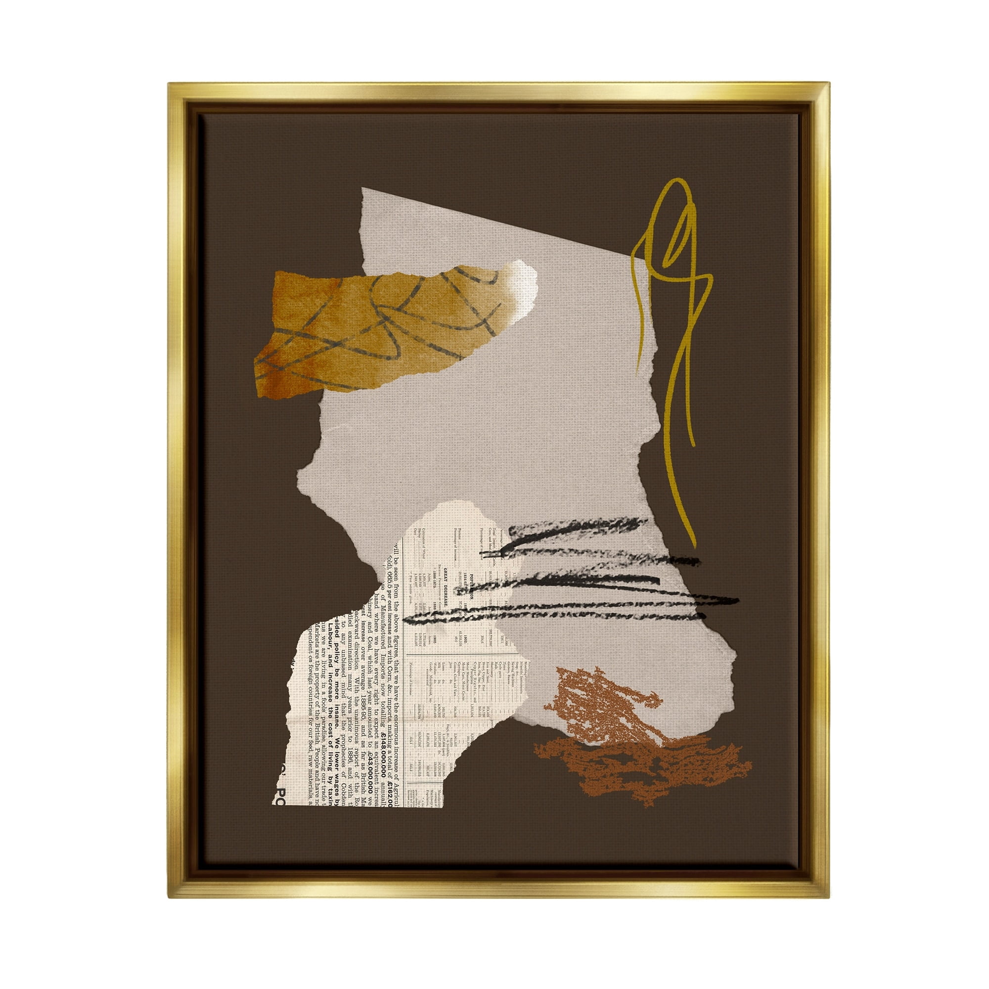 Stupell Industries Modern Collaged Shapes Abstract Layered Scribble Lines Graphic Art Metallic Gold Floating Framed Canvas Print Wall Art, Design by Melissa Wang