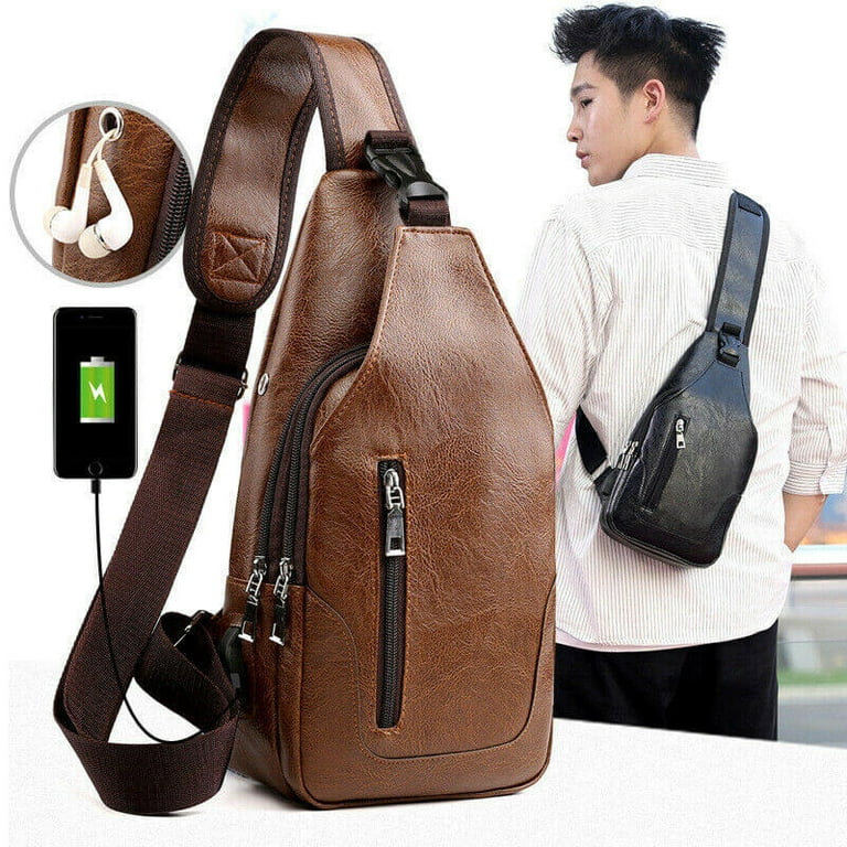  LOVEVOOK Sling Bag for Women Canvas Crossbody Sling Backpack  Genuine Leather Shoulder Bag with USB Charging Port and Earphone Jack