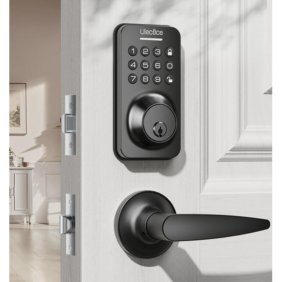 Open Box ULECOCE KEYLESS ENTRY DOOR LOCK DEADBLOT WITH HANDLE SET KEYPAD LOCK MATTE BLACK