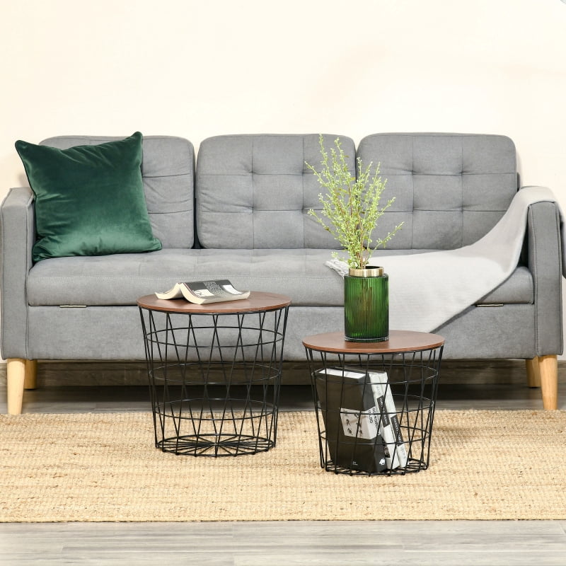 HOQBN End Table Set of 2, Nesting Tables with Storage, Round Accent Side Tables with Removable Top for Living Room, Black/Brown