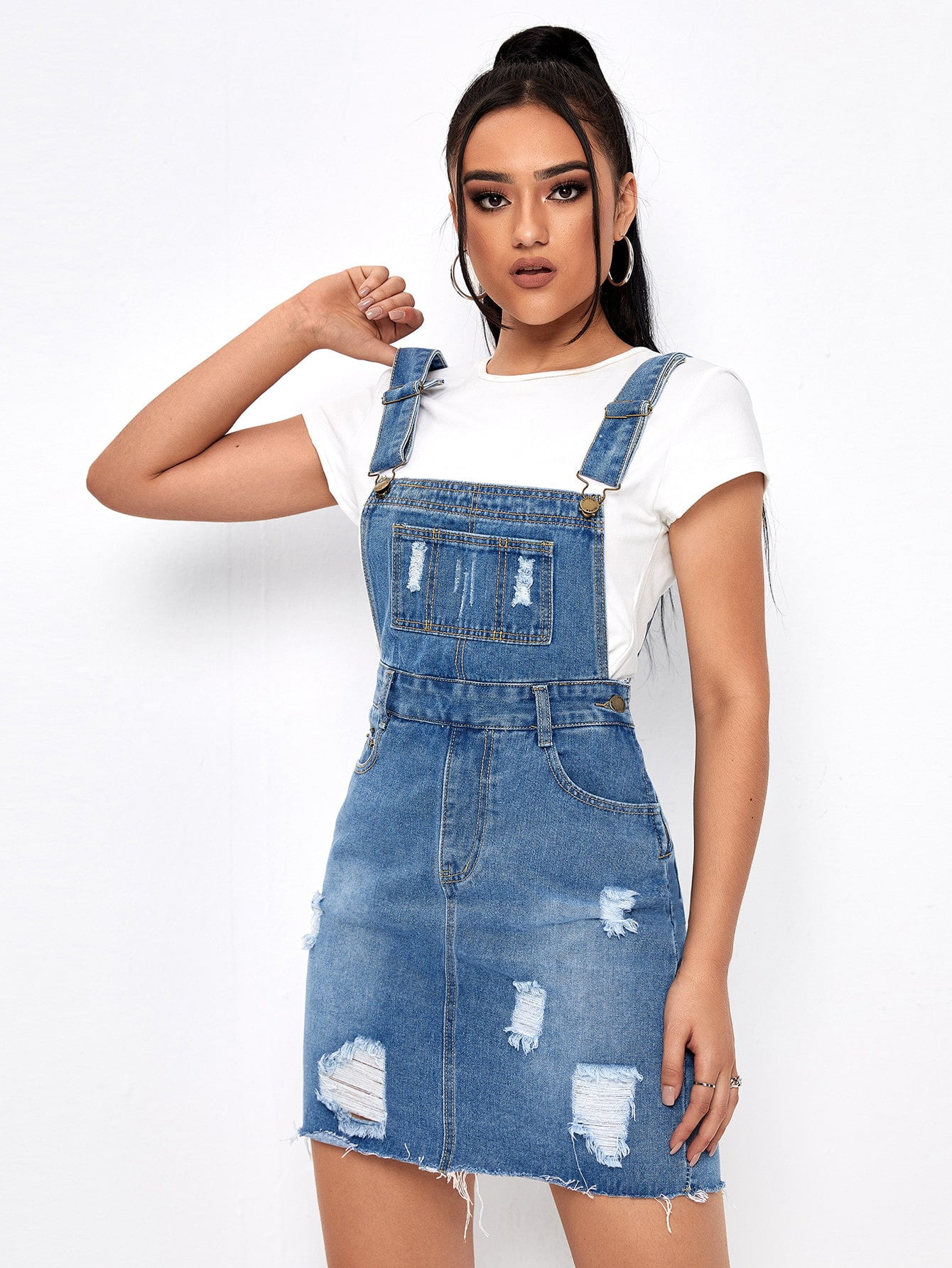 Women's Ripped Raw Hem Overall Denim 